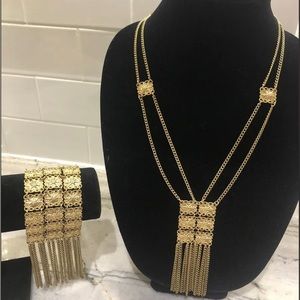 Gold Floral Fringe Long Necklace and Bracelet Set